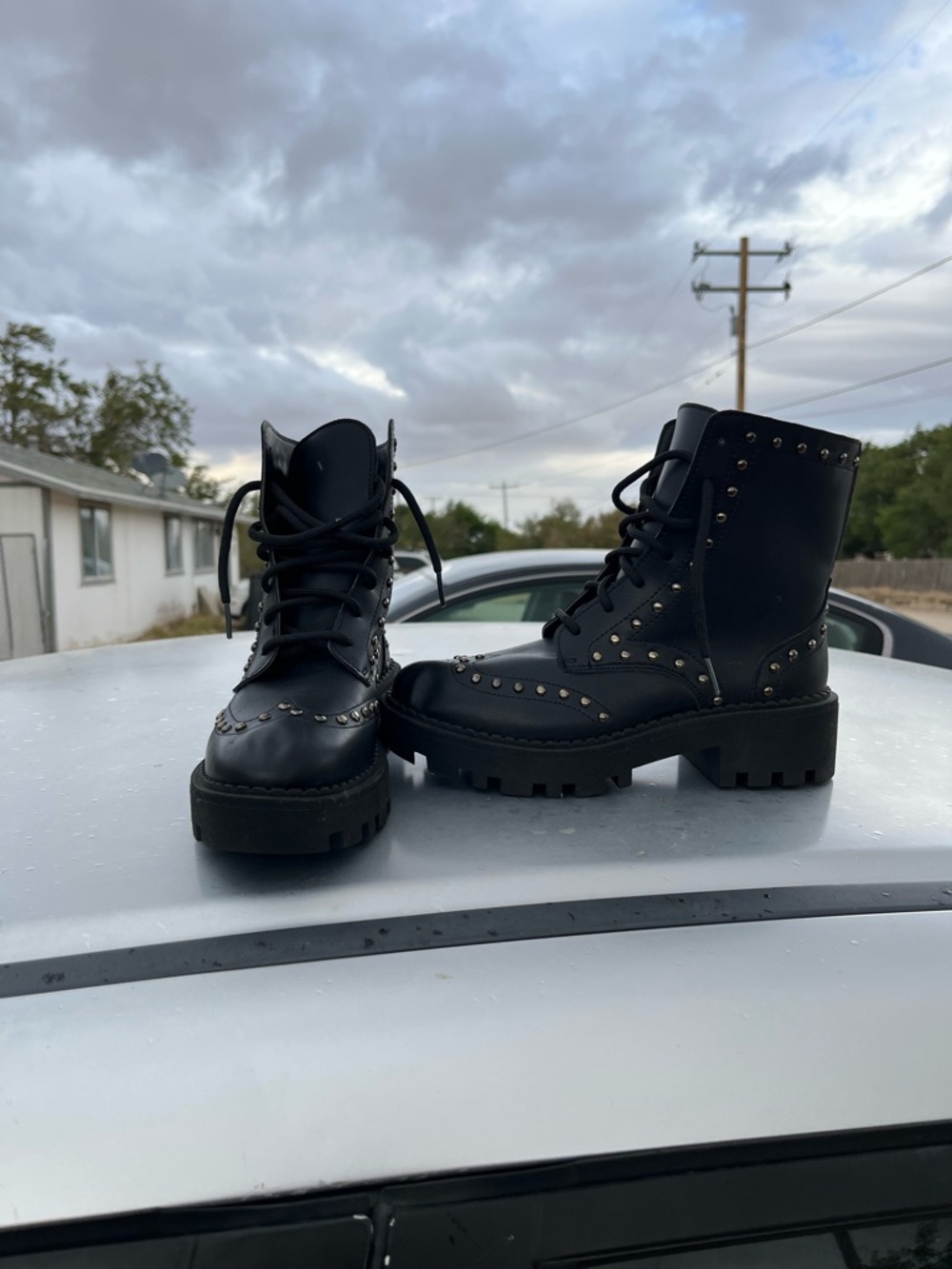 ANDREA FENZI Black Studded Lug-Soled Combat Boots